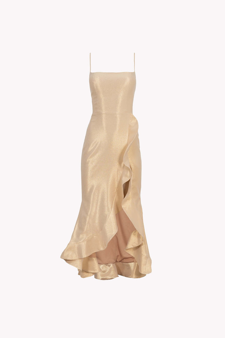 Vestido satinado con volantes y tirantes finos