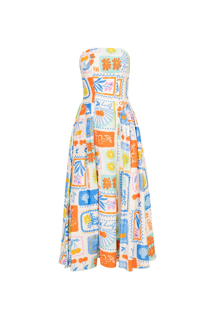 Vestido strapless estampado vibrante