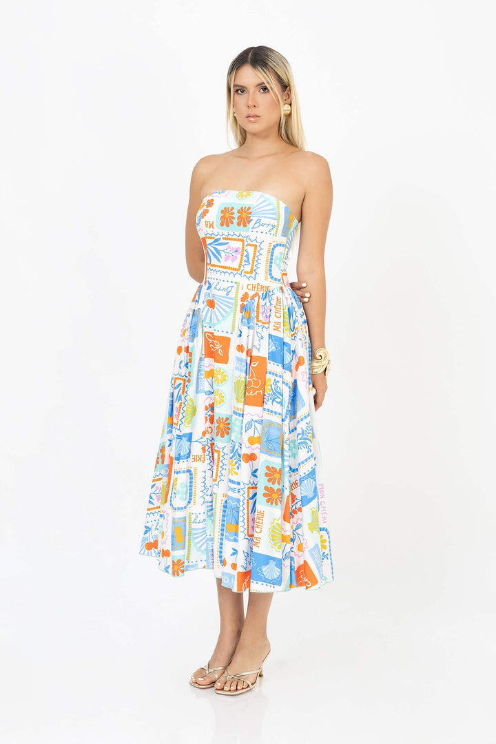 Vestido strapless estampado vibrante