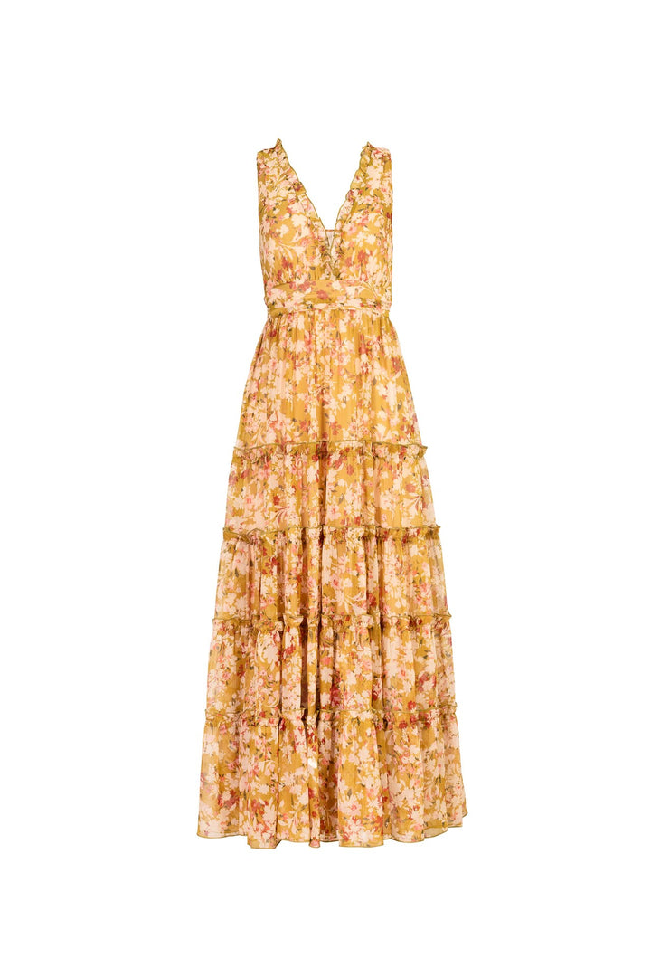 Vestido largo floral con olanes