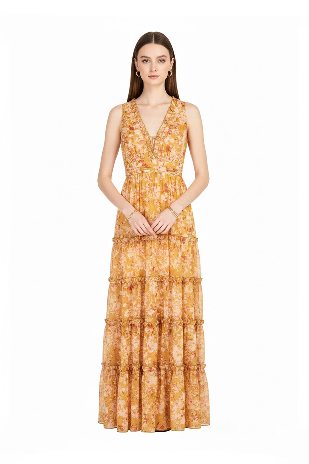 Vestido largo floral con olanes