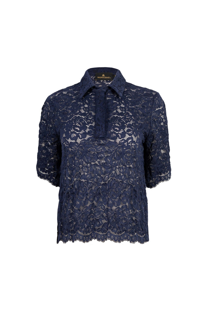 Blusa de encaje con cuello camisero