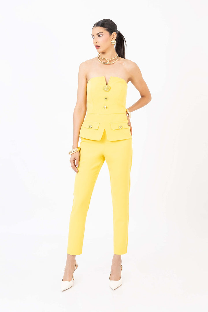 Jumpsuit strapless con botones dorados