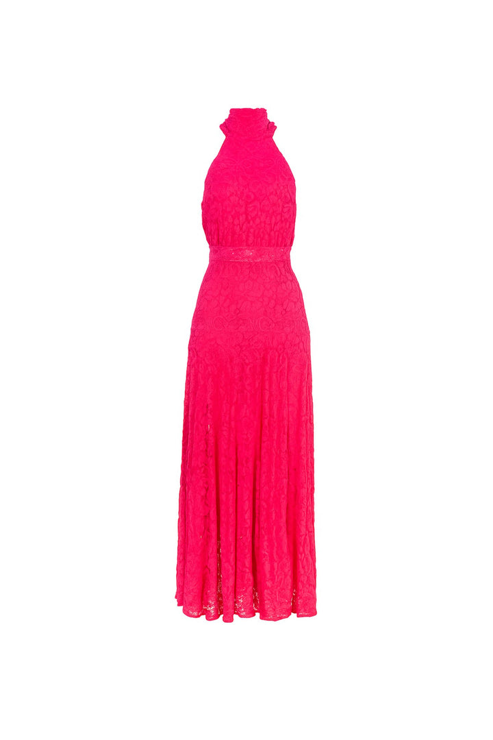 Vestido largo de encaje cuello halter