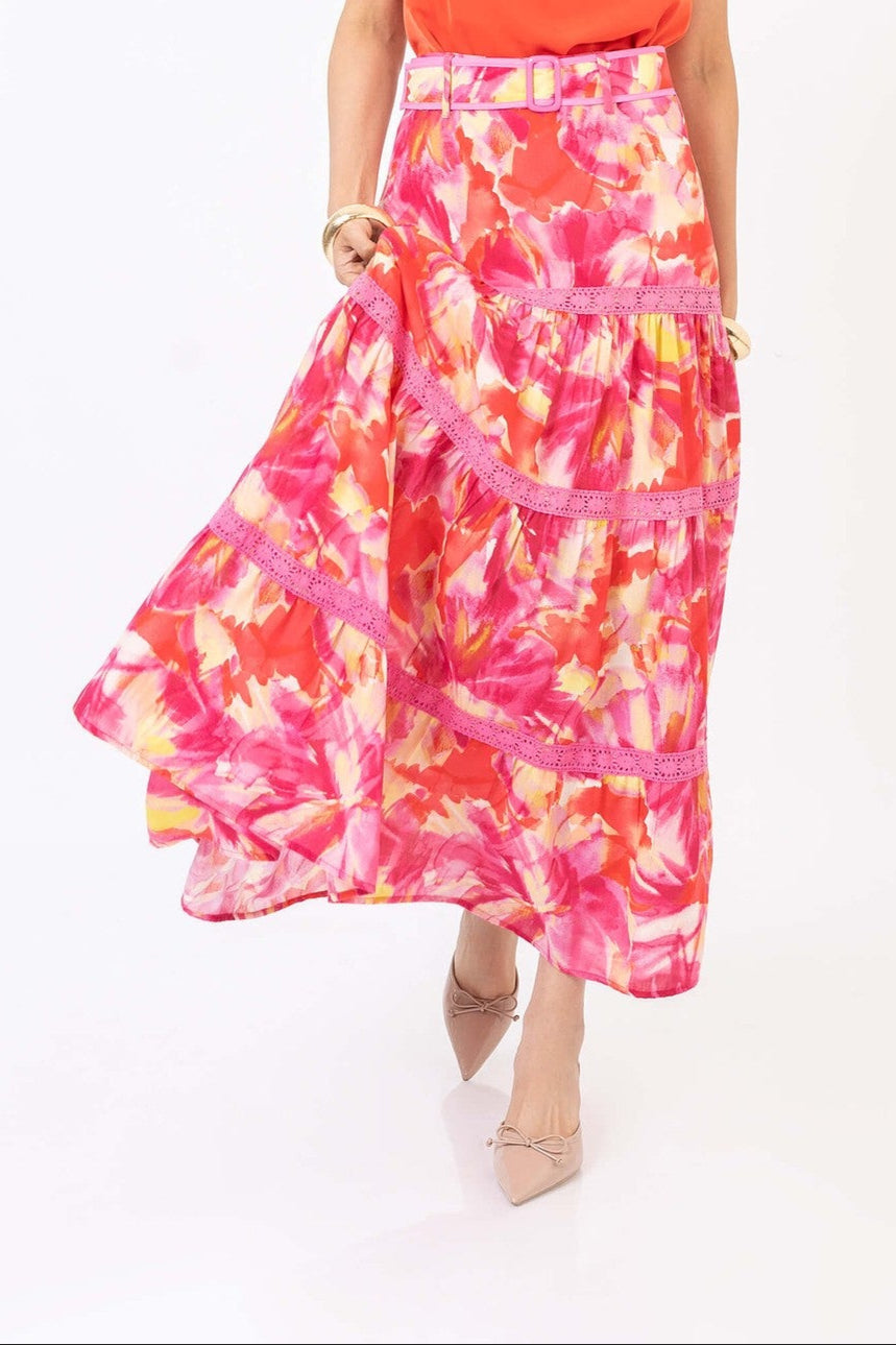 Falda larga floral con cintillas de encaje