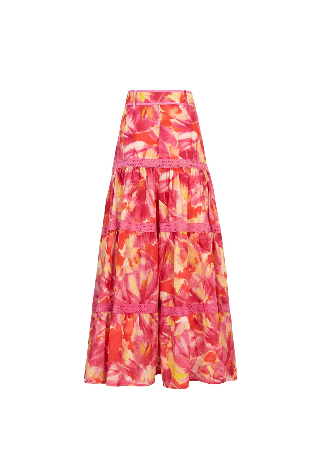 Falda larga floral con cintillas de encaje