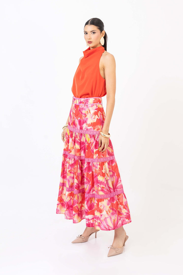 Falda larga floral con cintillas de encaje