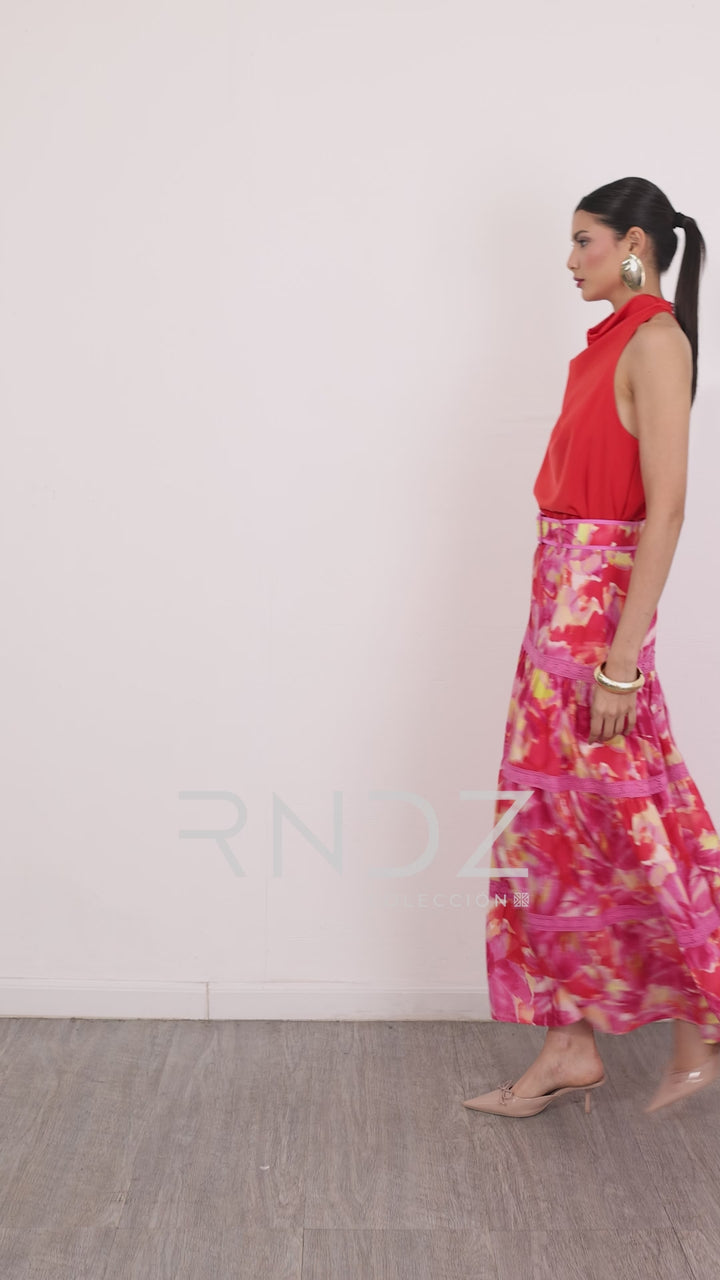 Falda larga floral con cintillas de encaje