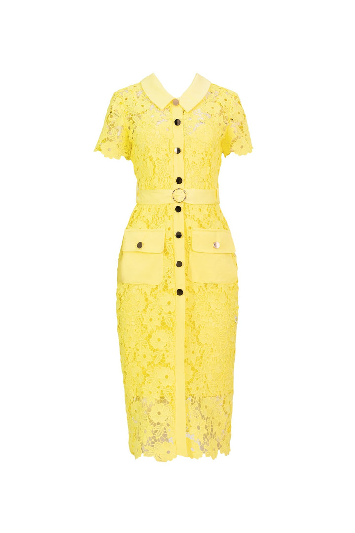 Vestido midi de encaje con cinturón