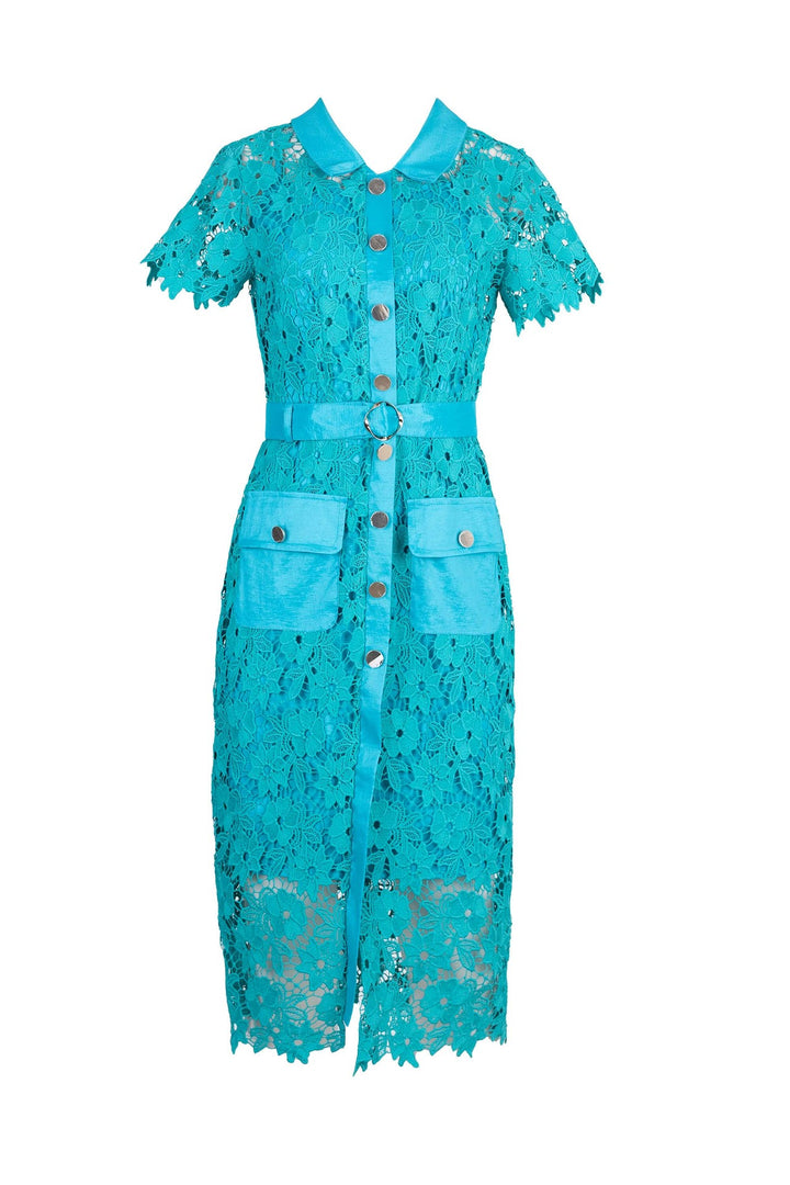 Vestido midi de encaje con cinturón