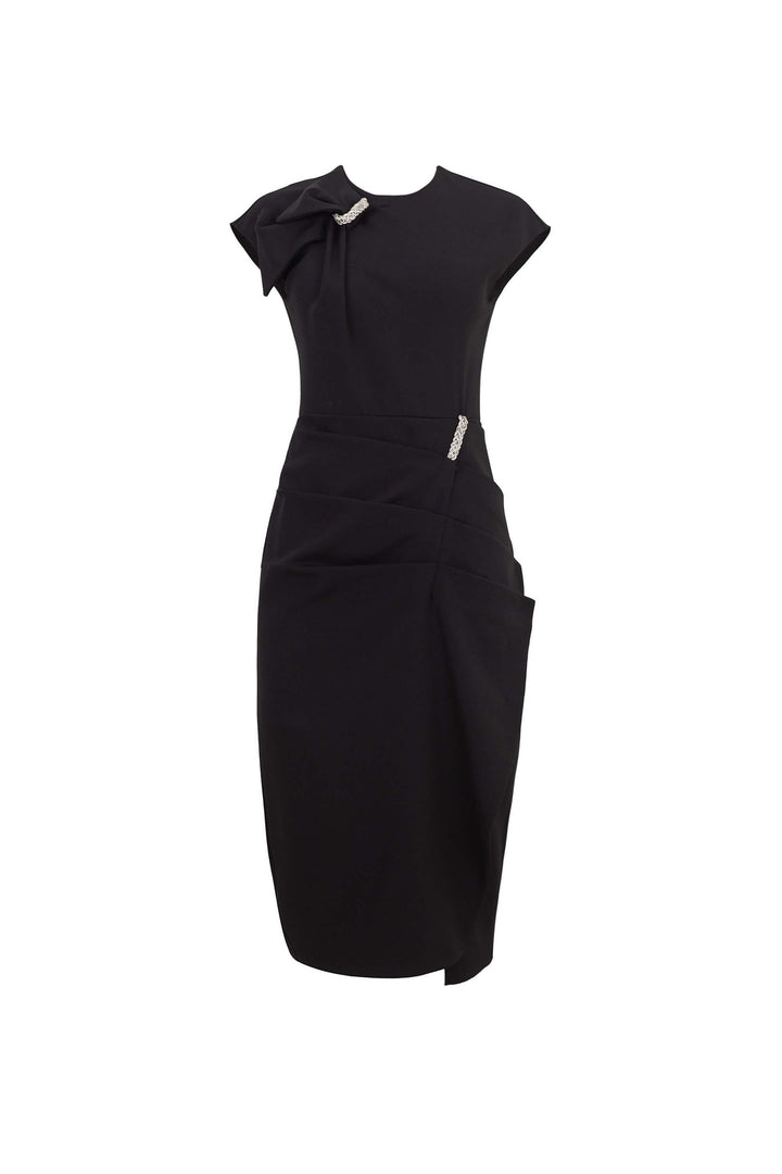 Vestido midi con drapeado y broches joya