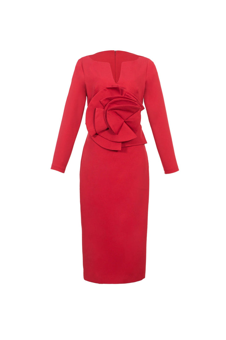 Vestido midi con flor estructural y manga larga