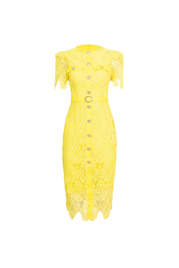 Vestido midi de encaje con botones joya