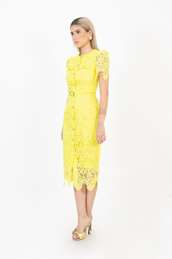Vestido midi de encaje con botones joya