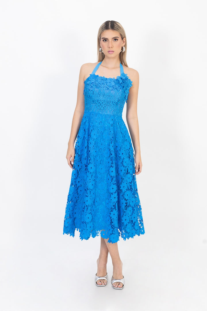 Vestido midi de encaje con escote halter