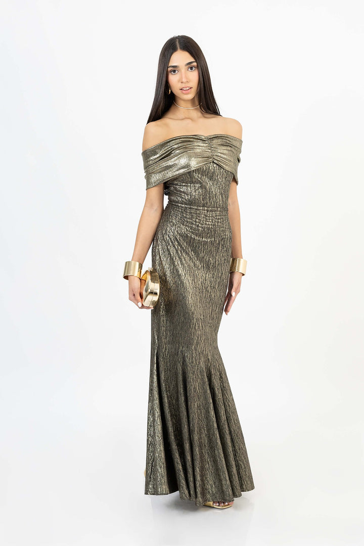 Vestido largo off shoulder metalizado
