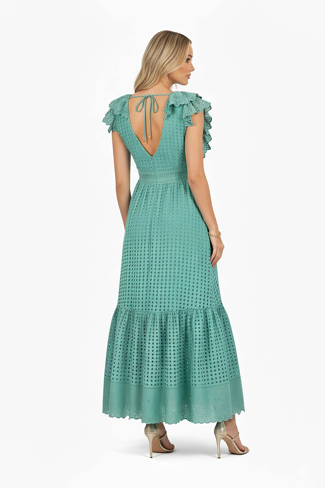 Vestido maxi con volantes y cuello V