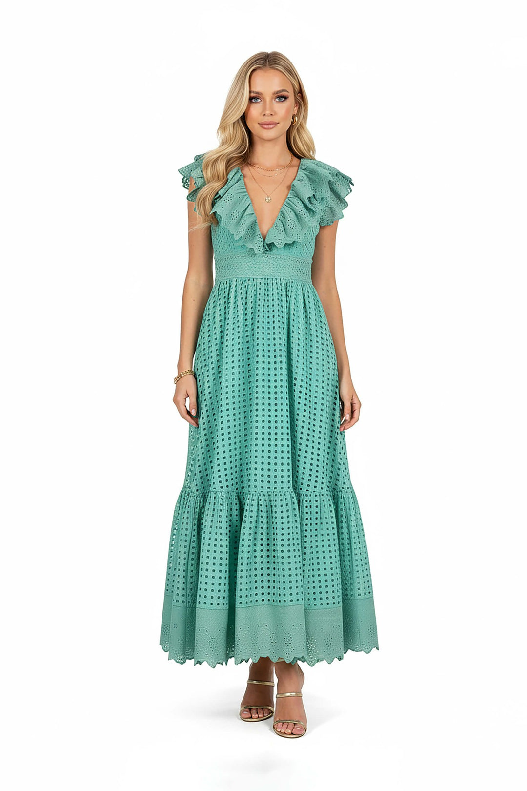 Vestido maxi con volantes y cuello V