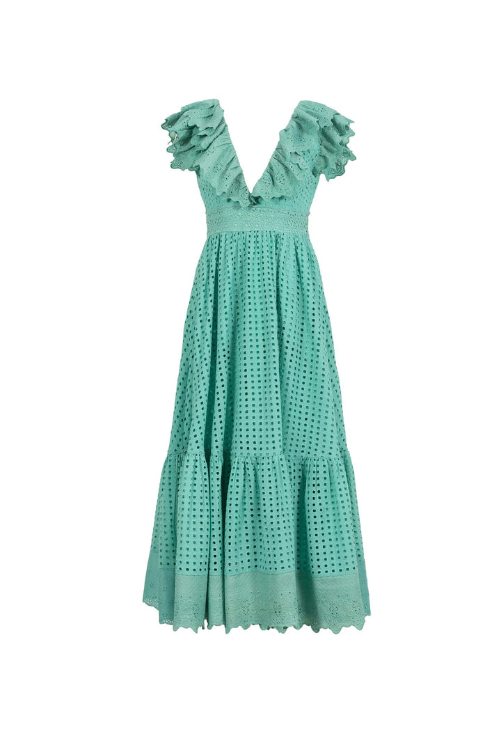 Vestido maxi con volantes y cuello V