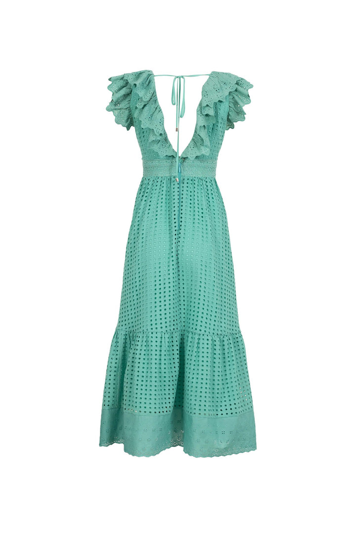 Vestido maxi con volantes y cuello V