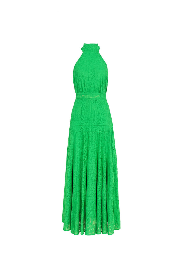 Vestido largo de encaje cuello halter
