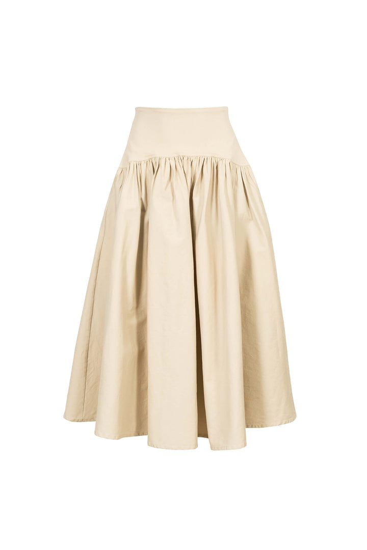 Falda midi con pretina ancha y vuelo amplio