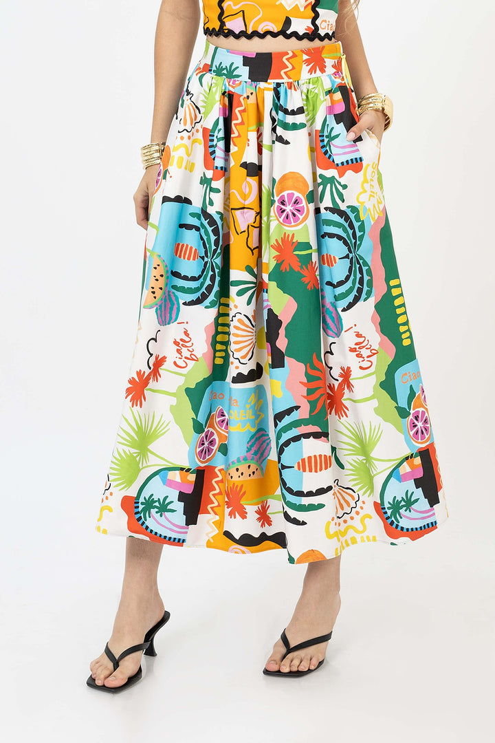 Falda midi estampada con pretina alta
