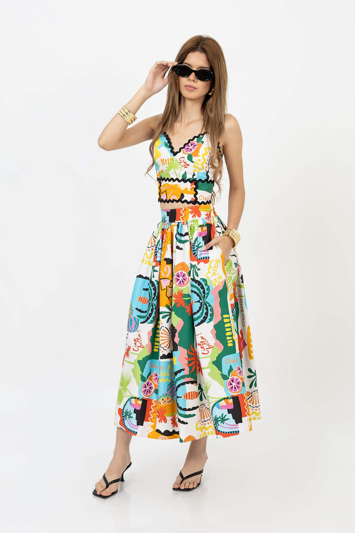 Falda midi estampada con pretina alta