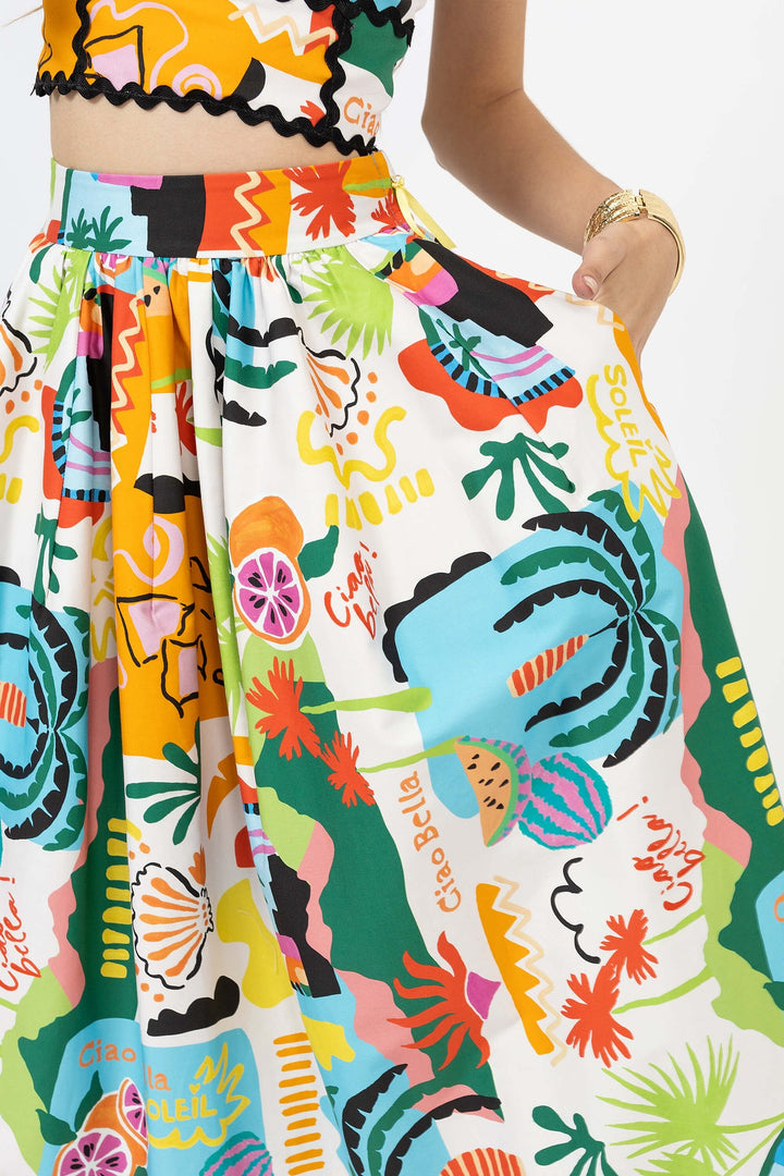 Falda midi estampada con pretina alta