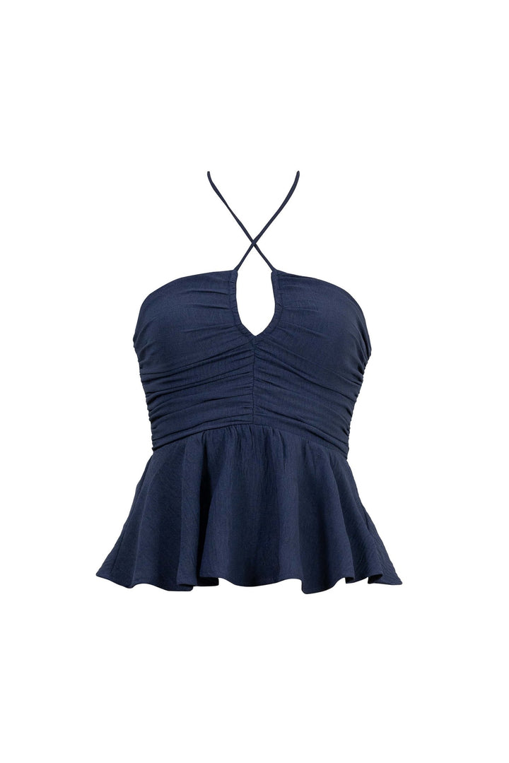 Blusa halter con fruncido y silueta peplum