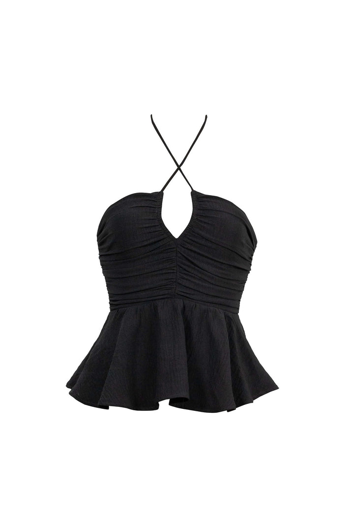 Blusa halter con fruncido y silueta peplum
